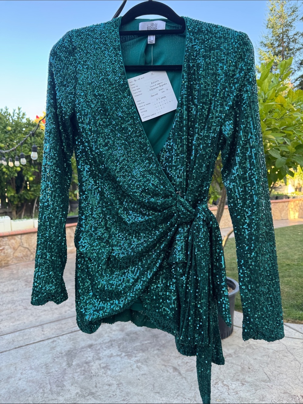 Badgley Mischka Emerald Green Sequin Wrap Top